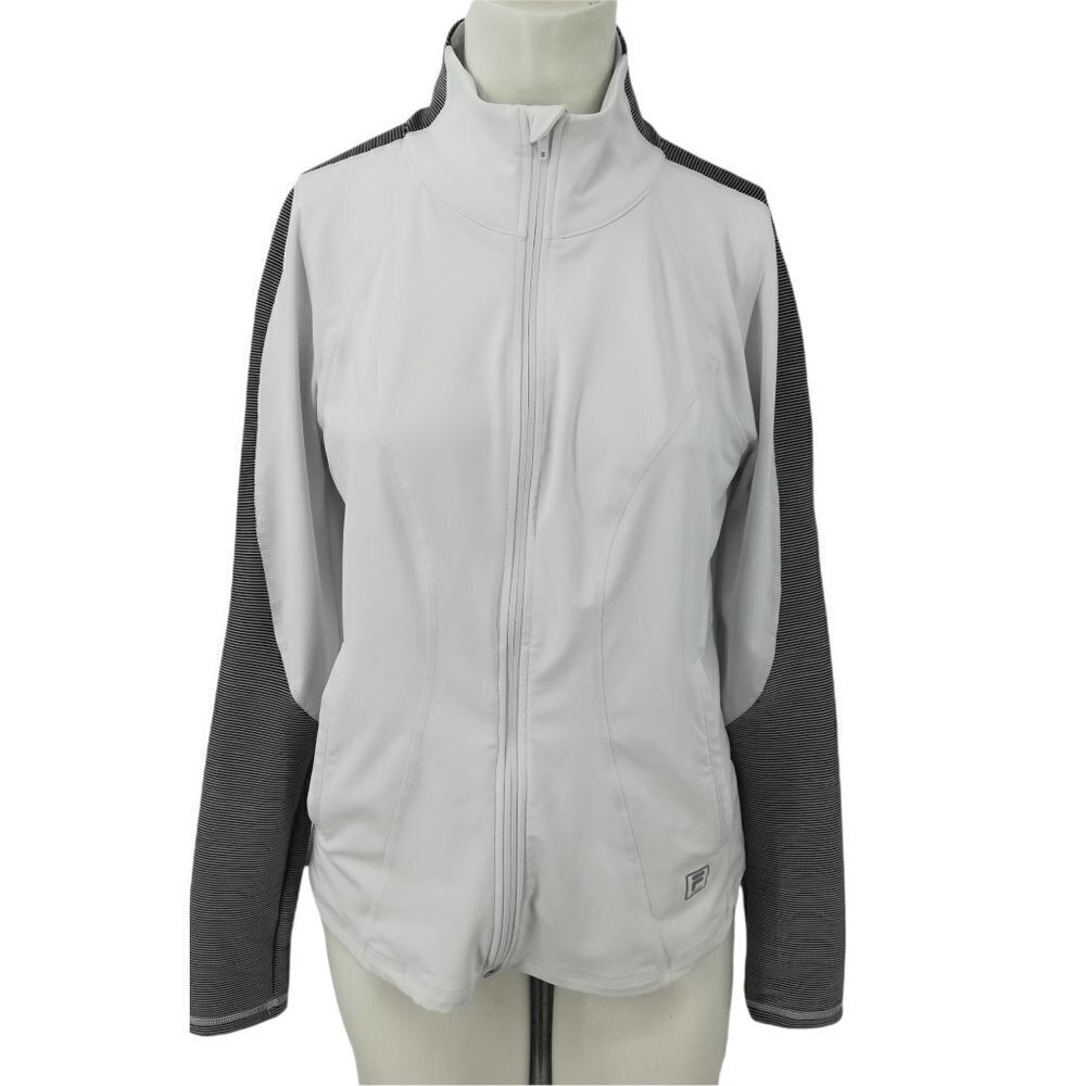 Fila Full Zip Warm Up Jacket Size M Womens White Black Stripe Mock Neck Stretch